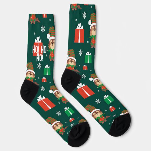 Cute Puppy Dog Pattern Green and Red Christmas  Socks