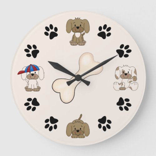 Cute Puppy Dog Paw Prints and Bone Boys Large Clock