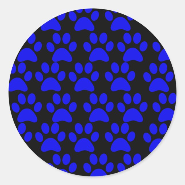 Cute Puppy Dog Paw Prints Blue Black Classic Round Sticker (Front)