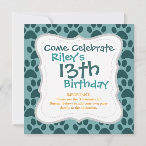 Cute Puppy Dog Paw Prints Blue Gray Dog Lovers Invite