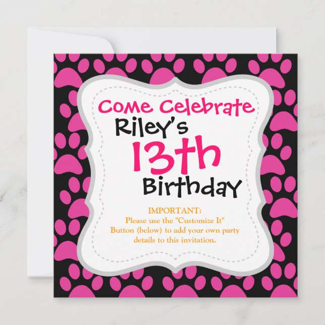 Cute Puppy Dog Paw Prints Hot Pink Black Invitation (Front)