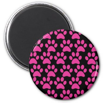 Cute Puppy Dog Paw Prints Hot Pink Black Magnet by PrettyPatternsGifts at Zazzle