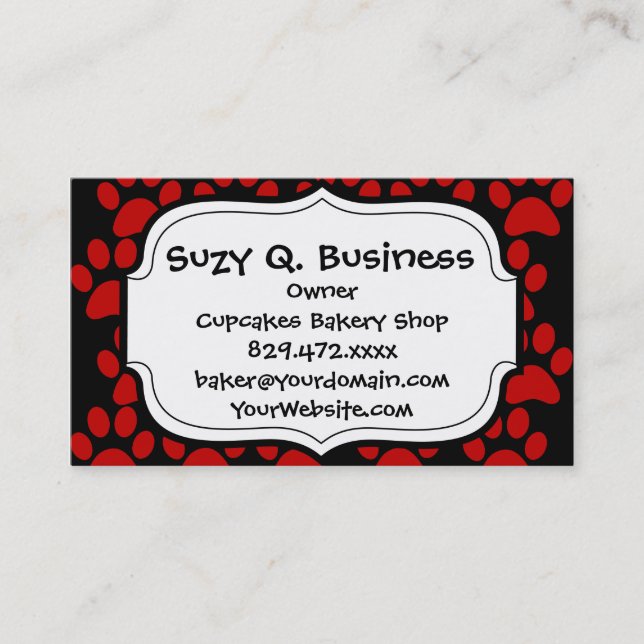 Cute Puppy Dog Paw Prints Red Black Business Card (Front)