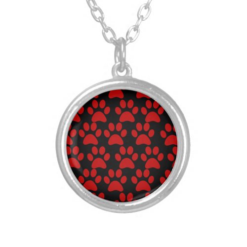 Cute Puppy Dog Paw Prints Red Black Silver Plated Necklace