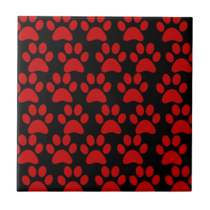 Cute Puppy Dog Paw Prints Red Black Tile