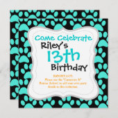 Cute Puppy Dog Paw Prints Teal Blue Black Invitation (Front/Back)
