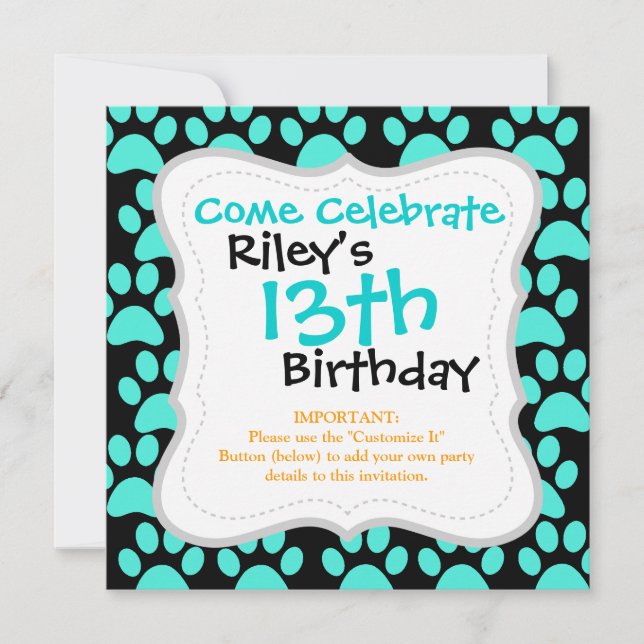 Cute Puppy Dog Paw Prints Teal Blue Black Invitation (Front)