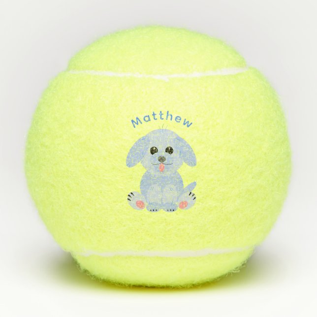Cute Puppy Dog Personalized Cartoon Blue Pastel Tennis Balls (Front)