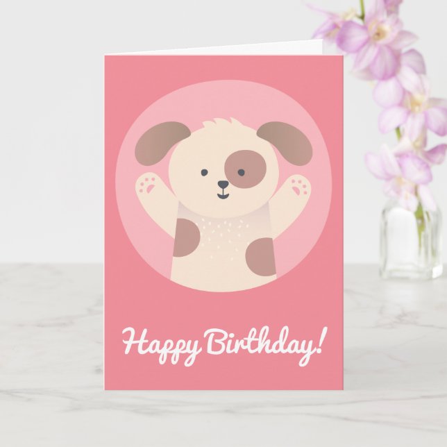 Cute Puppy Dog - Personalized Kids Birthday Card (Orchid)