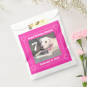 Cute Puppy Dog Photo Birthday 7 Hearts Hot Pink Favor Bag