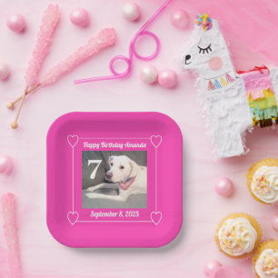 Cute Puppy Dog Photo Birthday 7 Hearts Hot Pink Paper Plates