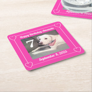 Cute Puppy Dog Photo Birthday 7 Hearts Hot Pink Square Paper Coaster