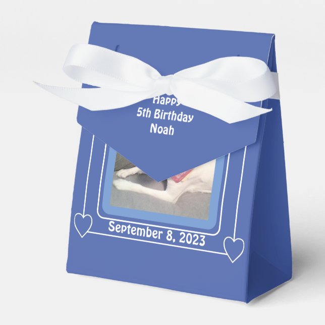 Cute Puppy Dog Photo Birthday Number 5 Blue Favor Boxes (Front Side)
