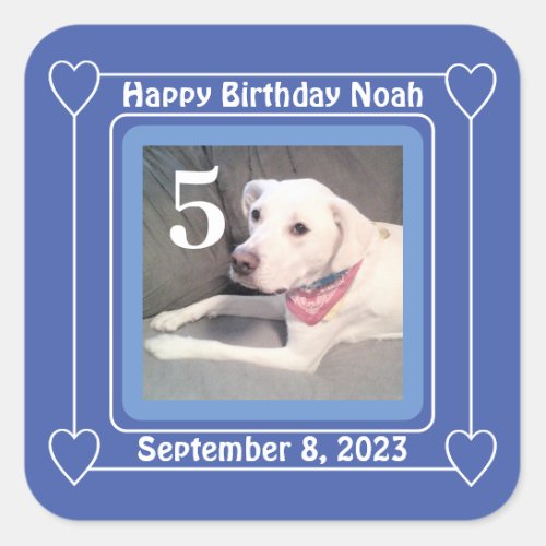 Cute Puppy Dog Photo Birthday Number 5 Blue Square Square Sticker