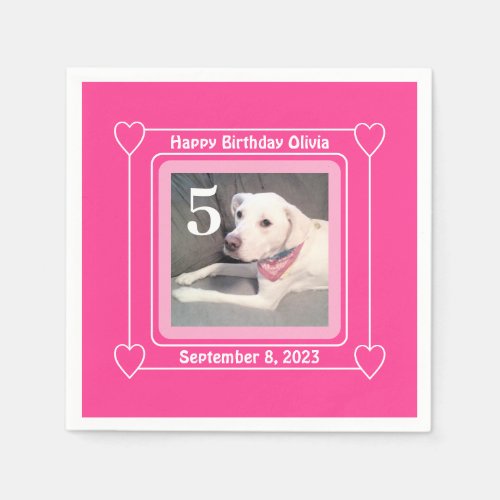 Cute Puppy Dog Photo Birthday Number 5 Pink Napkins