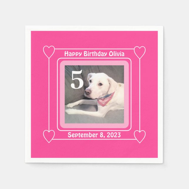 Cute Puppy Dog Photo Birthday Number 5 Pink Napkins (Front)