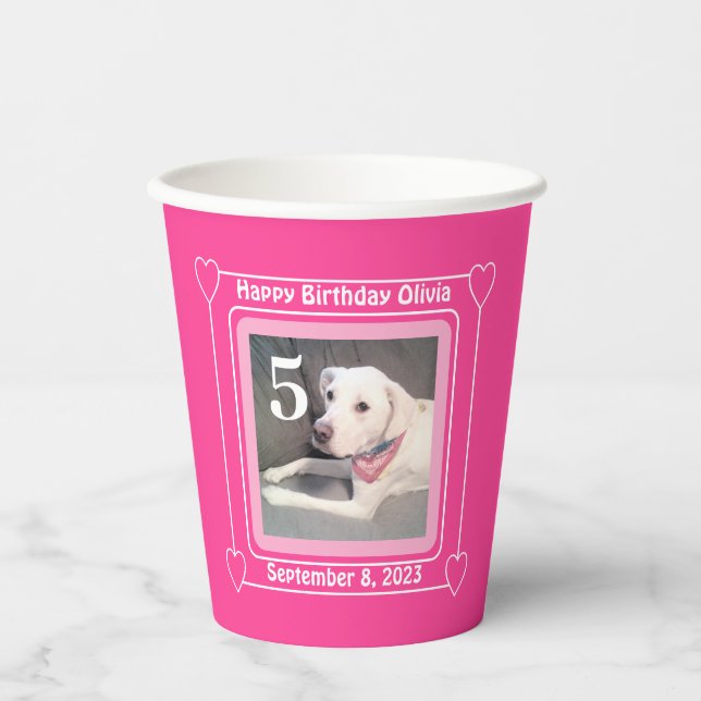 Cute Puppy Dog Photo Birthday Number 5 Pink Paper Cups (Front)