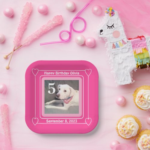 Cute Puppy Dog Photo Birthday Number 5 Pink Square Paper Plates