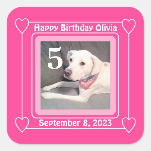 Cute Puppy Dog Photo Birthday Number 5 Pink Square Sticker