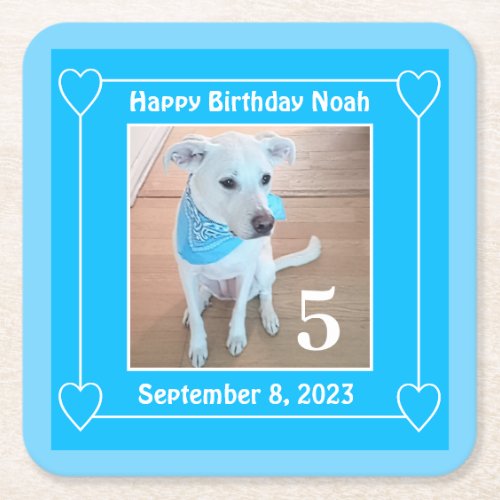 Cute Puppy Dog Photo Happy Birthday Number 5 Blue Square Paper Coaster