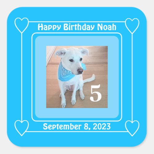 Cute Puppy Dog Photo Happy Birthday Number 5 Blue Square Sticker