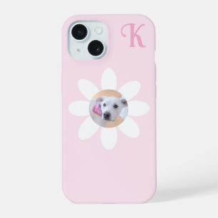 Cute Puppy Dog Photo Pink Flower Girl's Initial iPhone 15 Case