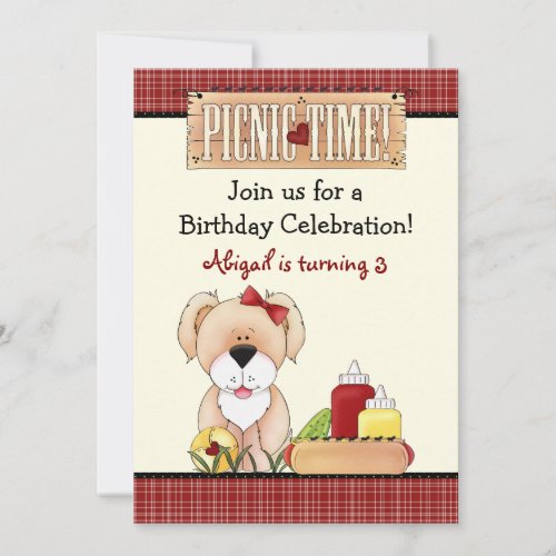 Cute Puppy Dog Picnic Birthday Invitation  Girls