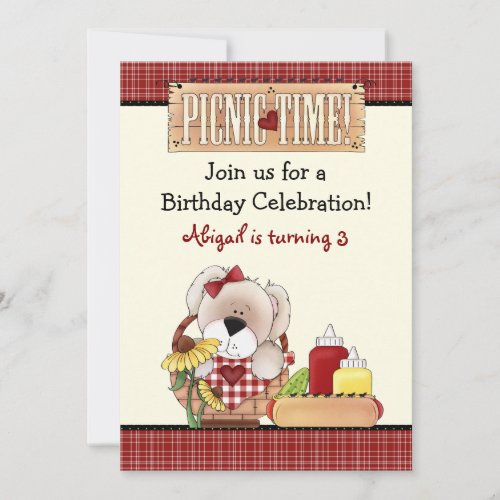 Cute Puppy Dog Picnic Birthday Invitation ~ Girls