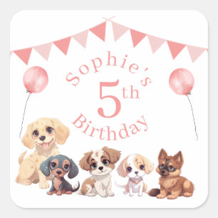 Cute Puppy Dog Pink 5th Birthday Square Sticker