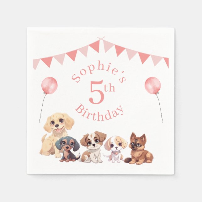 Cute Puppy Dog Pink Girl Birthday  Napkins (Front)
