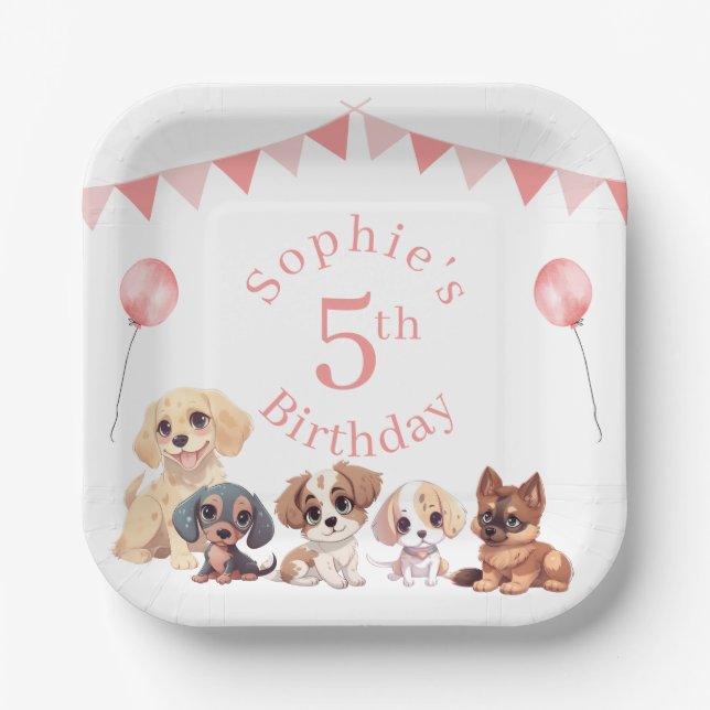 Cute Puppy Dog Pink Girl Birthday  Paper Plates (Front)