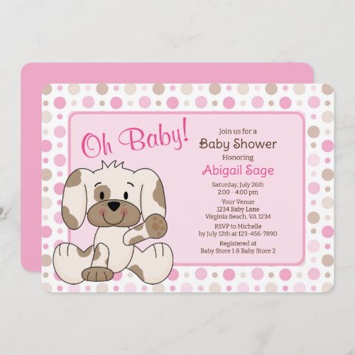 Cute Puppy Dog Pink Polka Dot Baby Shower Invitation
