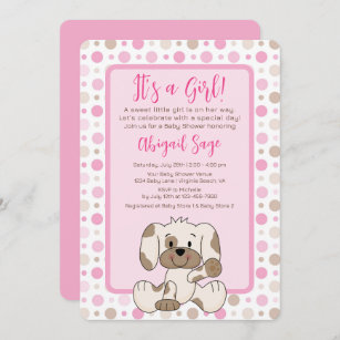 Cute Puppy Dog Pink Polka Dot Baby Shower Invitation