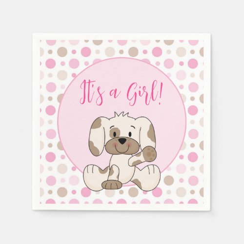 Cute Puppy Dog Pink Polka Dot Baby Shower Napkins