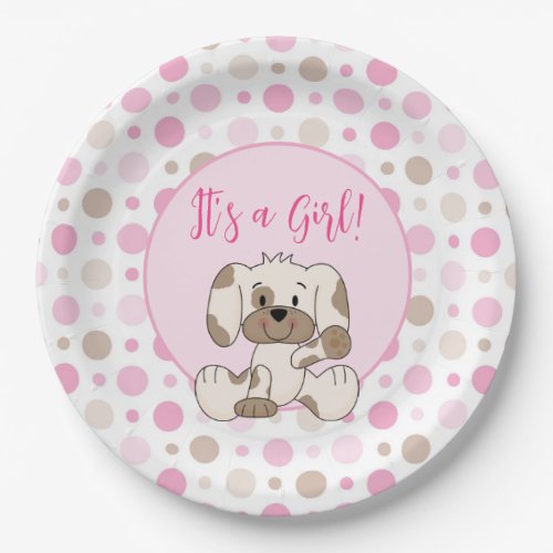 Cute Puppy Dog Pink Polka Dot Baby Shower Paper Plates