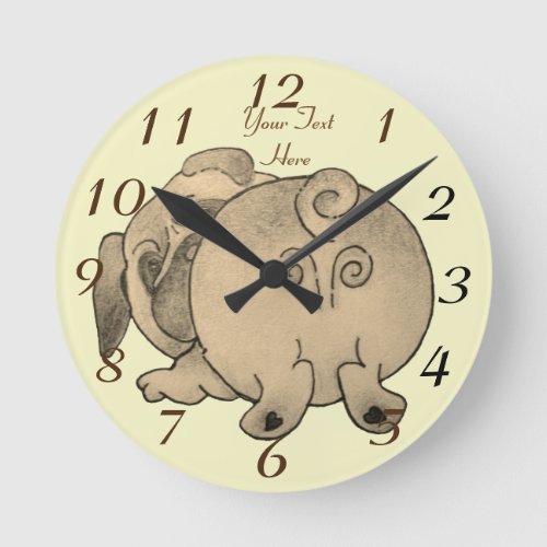 cute puppy dog play bowing brown pug round clock