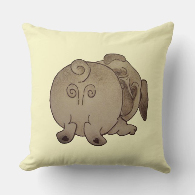 cute puppy dog play bowing brown pug throw pillow (Front)