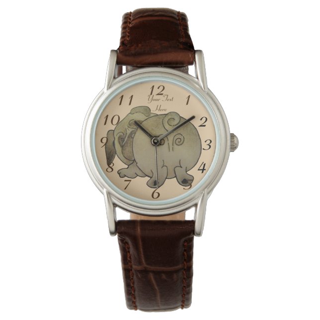 cute puppy dog play bowing brown pug watch (Front)