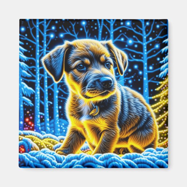 Cute Puppy Dog Playing in Snow Christmas Magnet (Front)