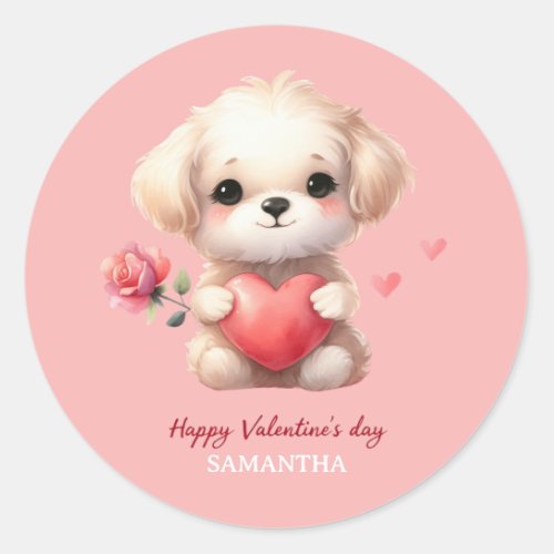 Cute Puppy Dog Red Heart PinkHappy Valentines Day Classic Round Sticker