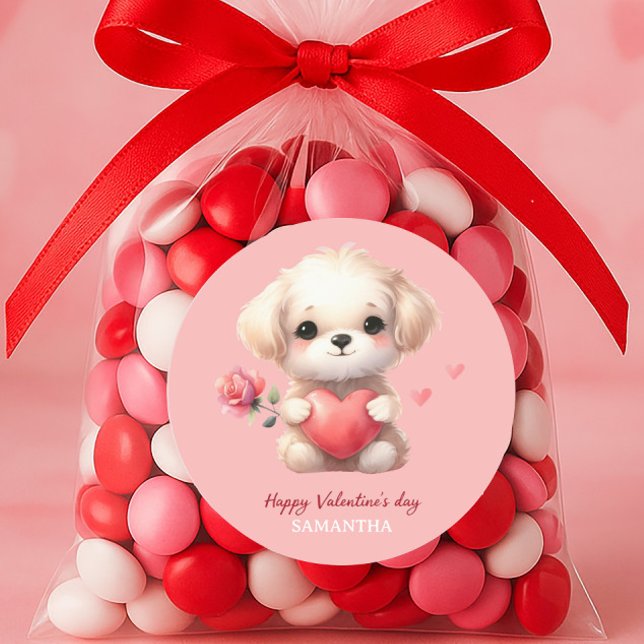 Cute Puppy Dog Red Heart PinkHappy Valentines Day Classic Round Sticker (Cute puppy Valentine's Day sticker)