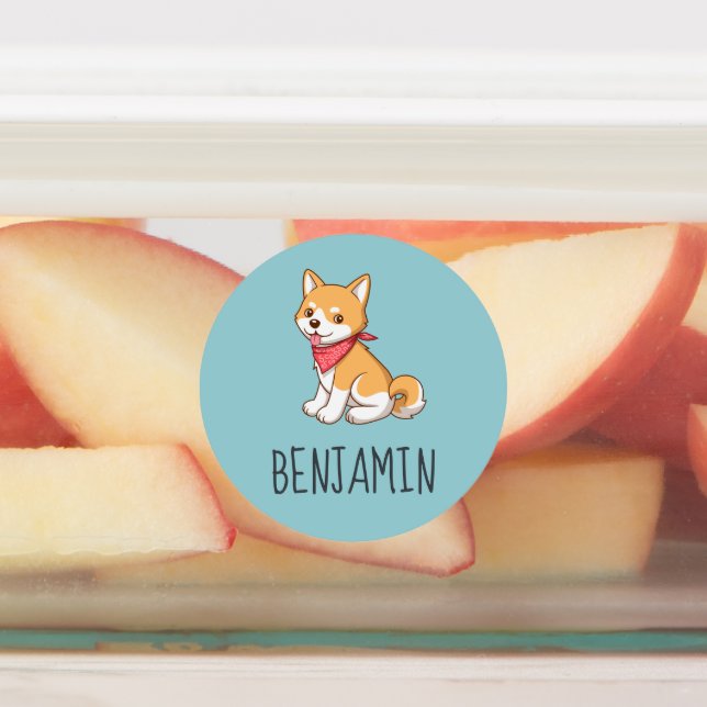 Cute Puppy Dog Shiba Inu on Blue Kids' Labels (Affixed)