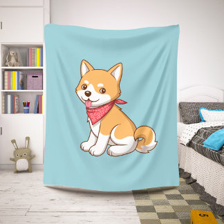 Cute Puppy Dog Shiba Inu on Blue Sherpa Blanket
