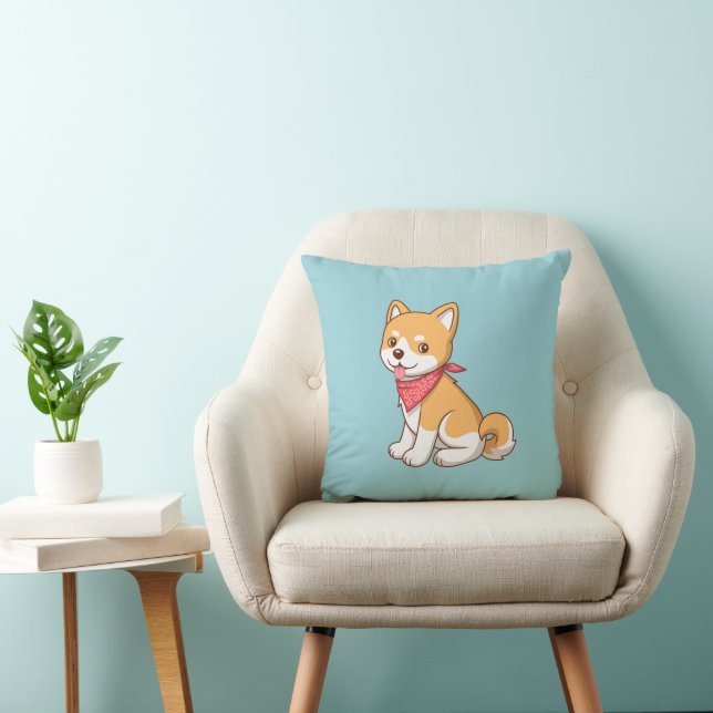 Cute Puppy Dog Shiba Inu on Blue Throw Pillow (Chair)
