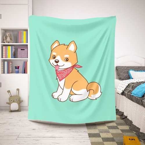 Cute Puppy Dog Shiba Inu on Green Sherpa Blanket
