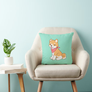 Cute Puppy Dog Shiba Inu on Green Throw Pillow