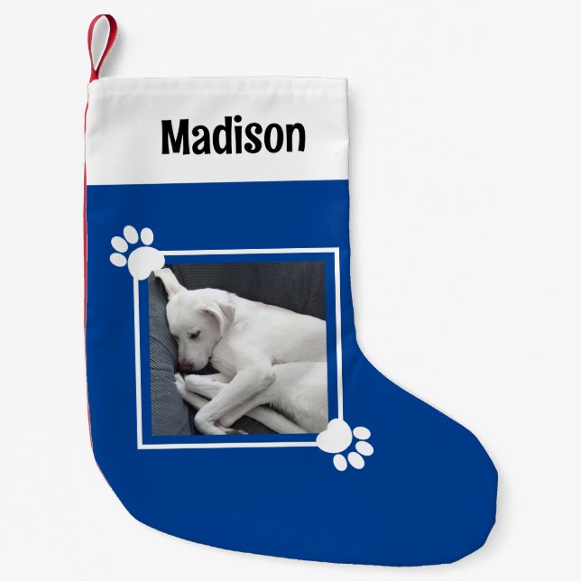 Cute Puppy Dog Single 1 Photo Custom Name Blue Small Christmas Stocking (Front)