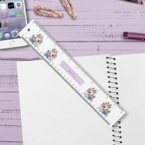 Cute puppy dog sitting on books and flowers girly  ruler