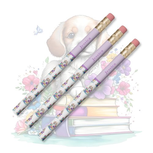 Cute puppy dog sitting on books by flowers girly  pencil