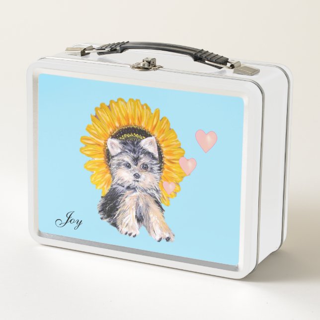 Cute puppy dog, sunflower and hearts on light blue metal lunch box (Front)